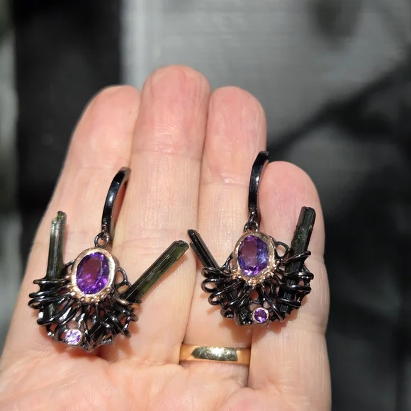 Amethyst & Tourmaline sterling rhodium & gold modern deco earrings - Picture 12 of 12